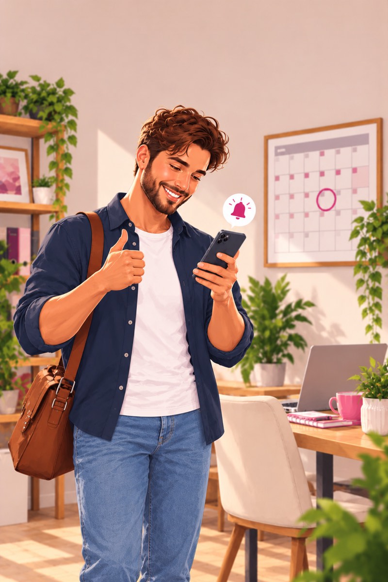 Een starter krijgt op de telefoon een herinnering voor de btw-aangifte, met een kalender aan de muur