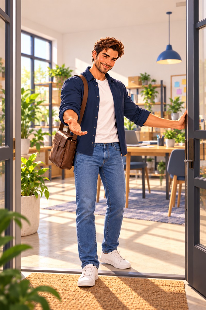 Een starter in de deuropening van de werkplek nodigt de lezer uit om binnen te komen