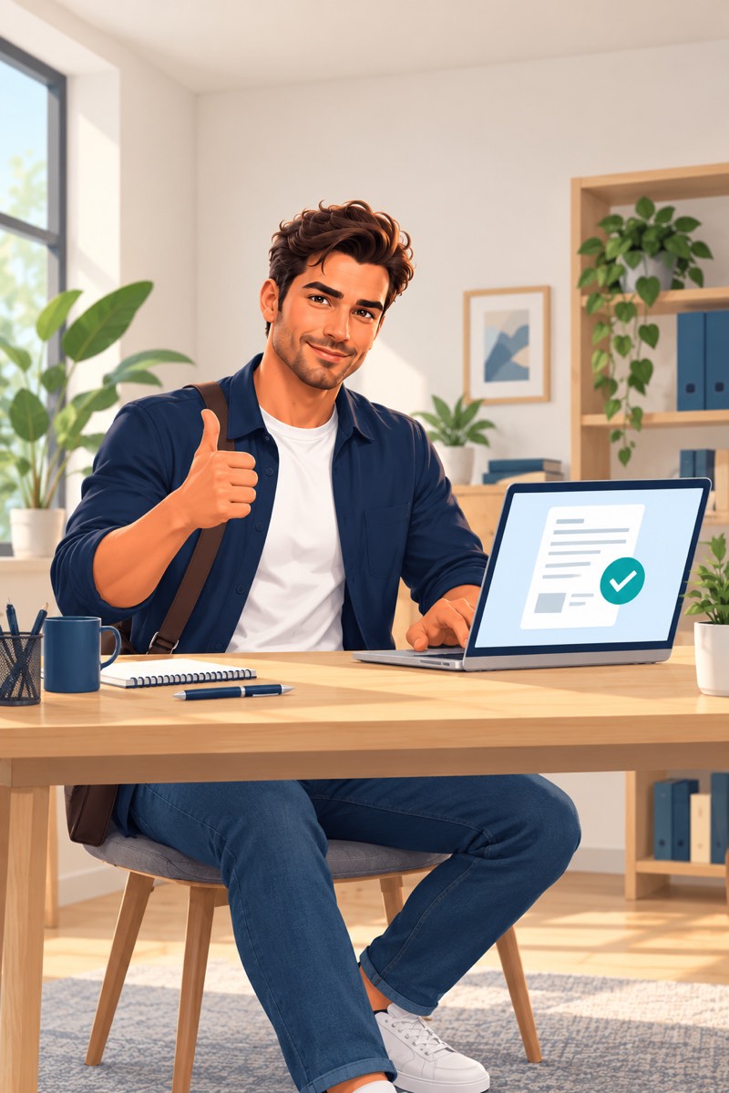 Een starter achter de laptop heeft net een factuur verstuurd en steekt de duim op