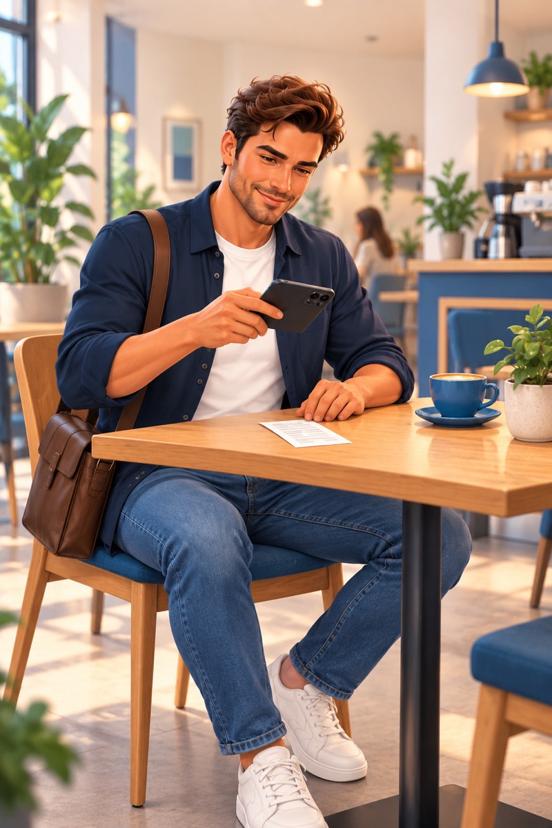 Een starter in een koffiezaak maakt met de telefoon een foto van een kassabon