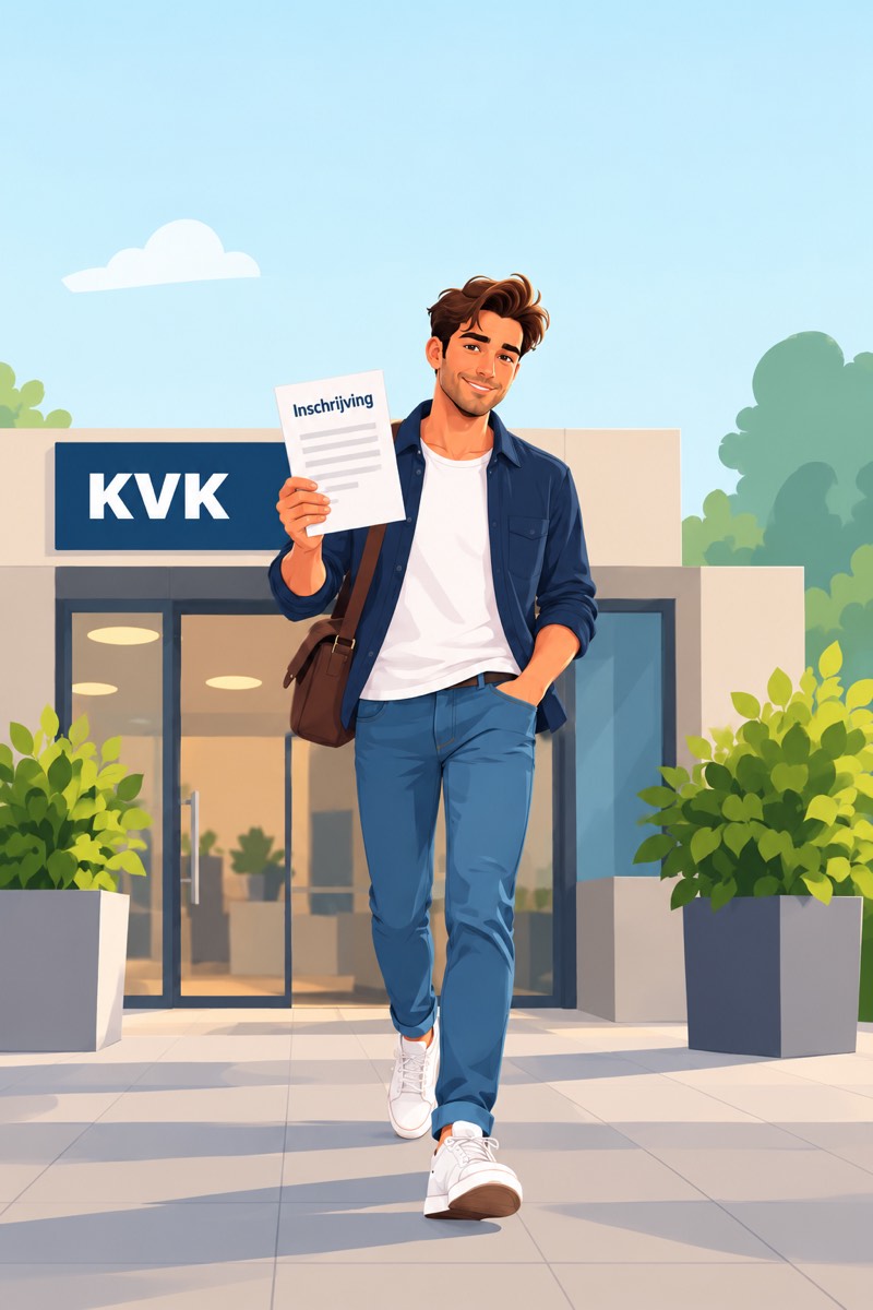Een starter loopt blij naar buiten bij de KVK met de inschrijving van de eenmanszaak in de hand